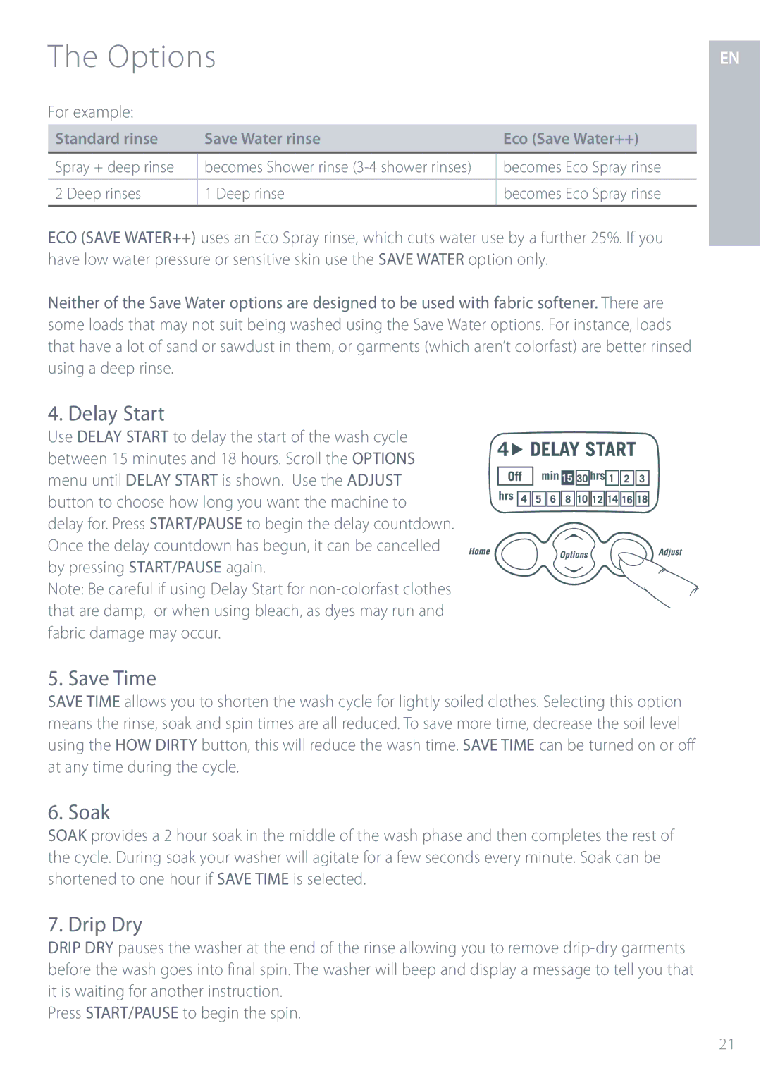 Fisher & Paykel IWL12 installation instructions Delay Start, Save Time, Soak, Drip Dry, For example 