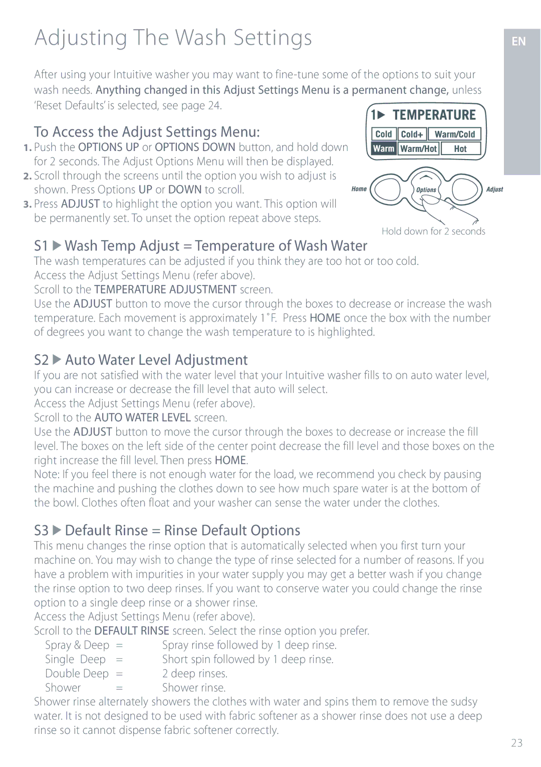 Fisher & Paykel IWL12 Adjusting The Wash Settings, To Access the Adjust Settings Menu, S2 Auto Water Level Adjustment 