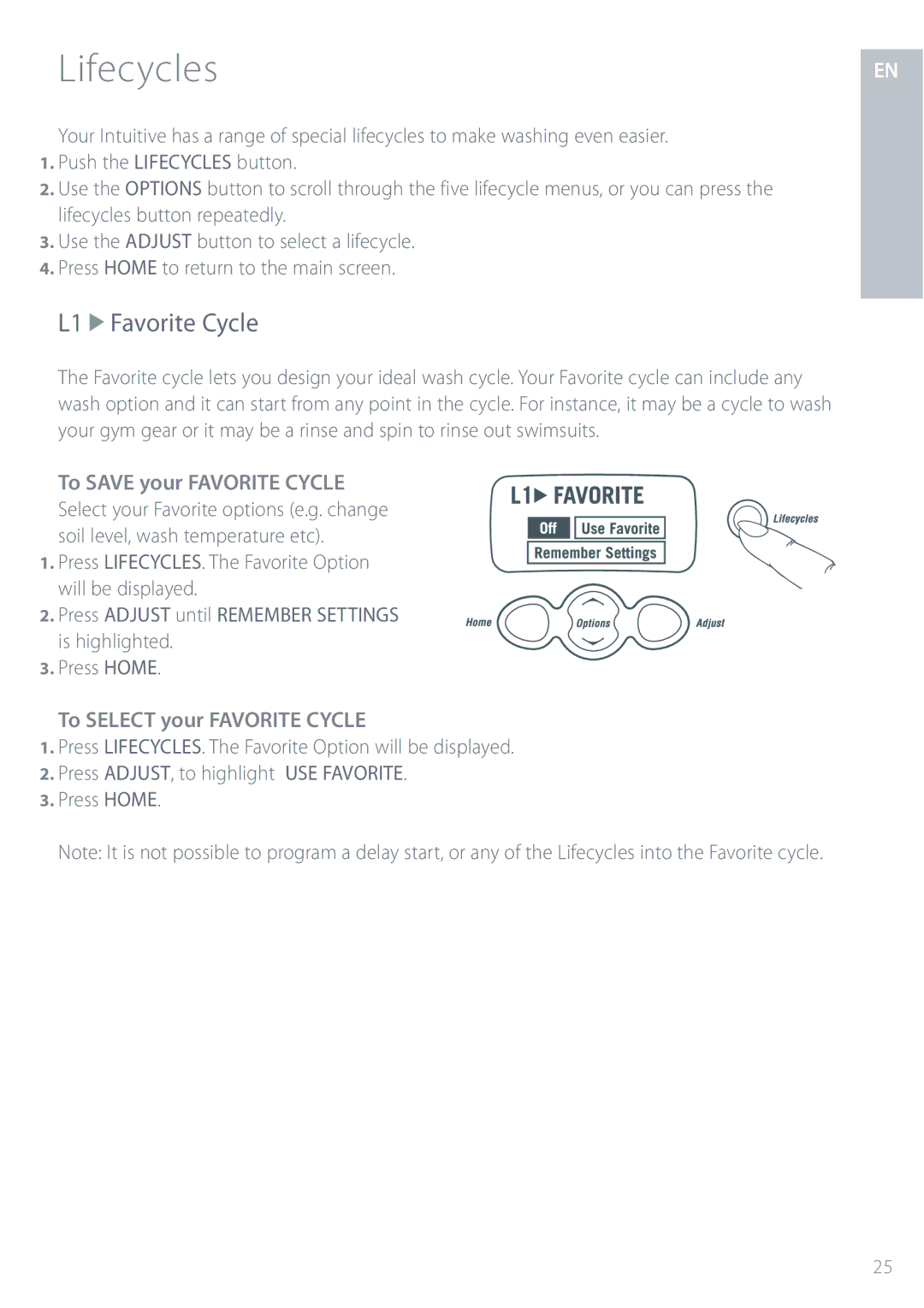 Fisher & Paykel IWL12 Lifecycles, L1 Favorite Cycle, To Save your Favorite Cycle, To Select your Favorite Cycle 