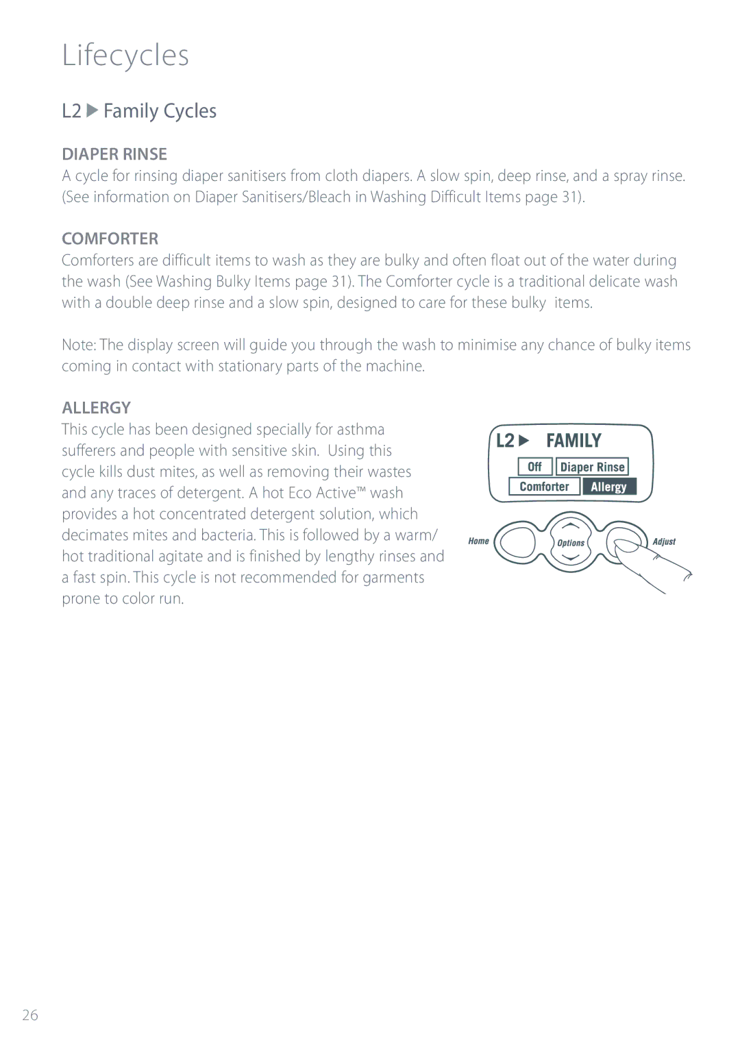 Fisher & Paykel IWL12 installation instructions L2 Family Cycles, Diaper Rinse, Comforter, Allergy 