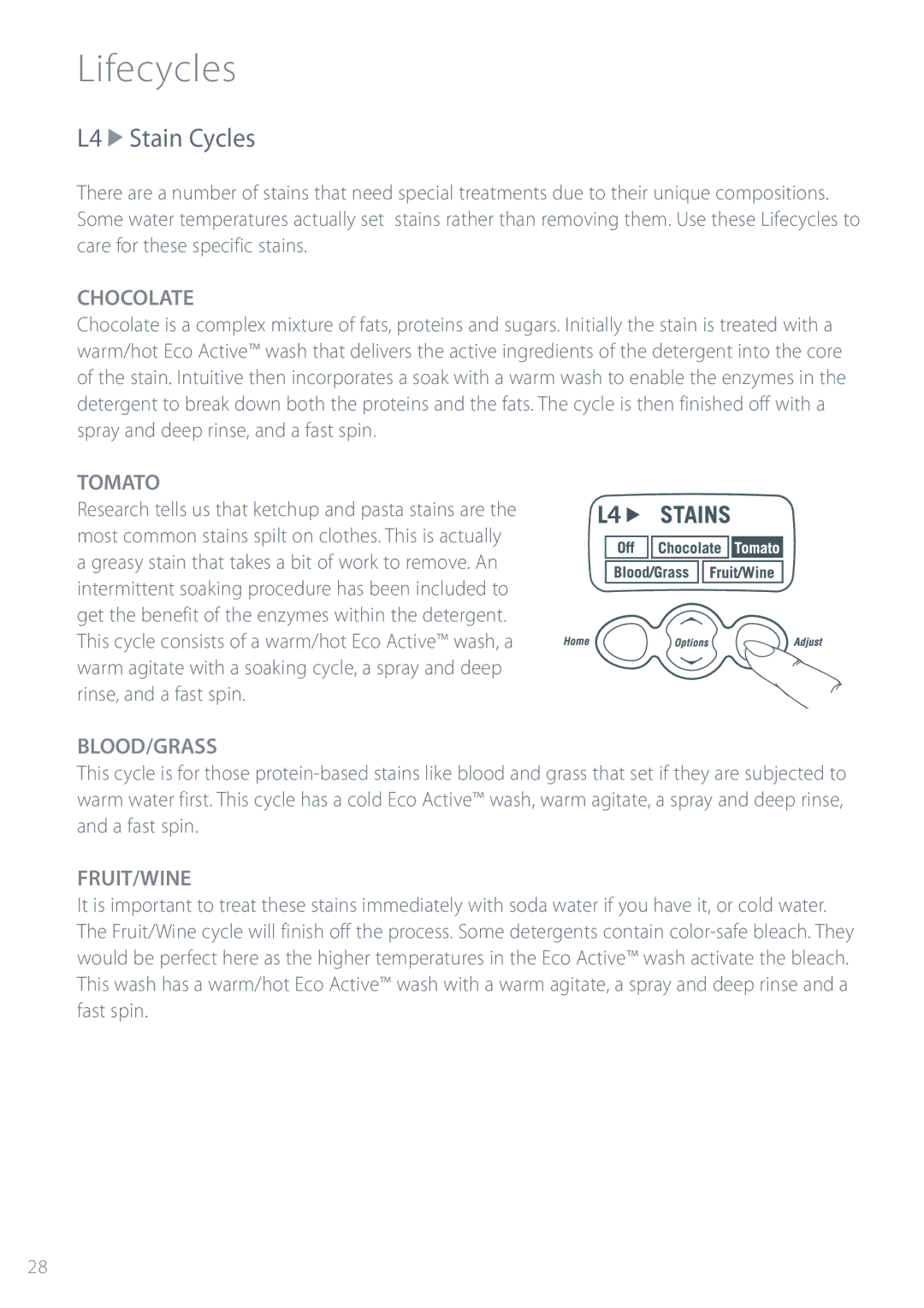 Fisher & Paykel IWL12 installation instructions L4 Stain Cycles, Chocolate, Tomato, Blood/Grass, Fruit/Wine 