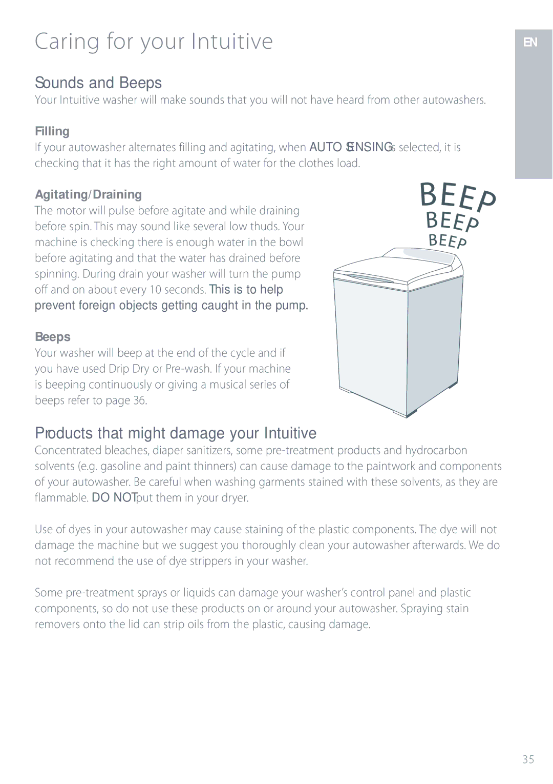 Fisher & Paykel IWL12 Sounds and Beeps, Products that might damage your Intuitive, Filling, Agitating/Draining 