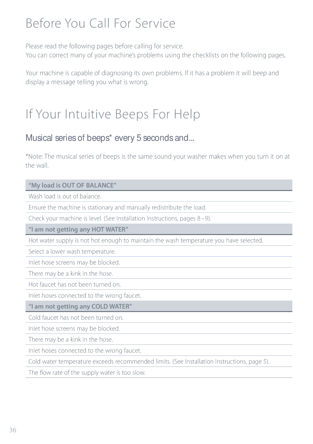 Fisher & Paykel IWL12 installation instructions Before You Call For Service, If Your Intuitive Beeps For Help 