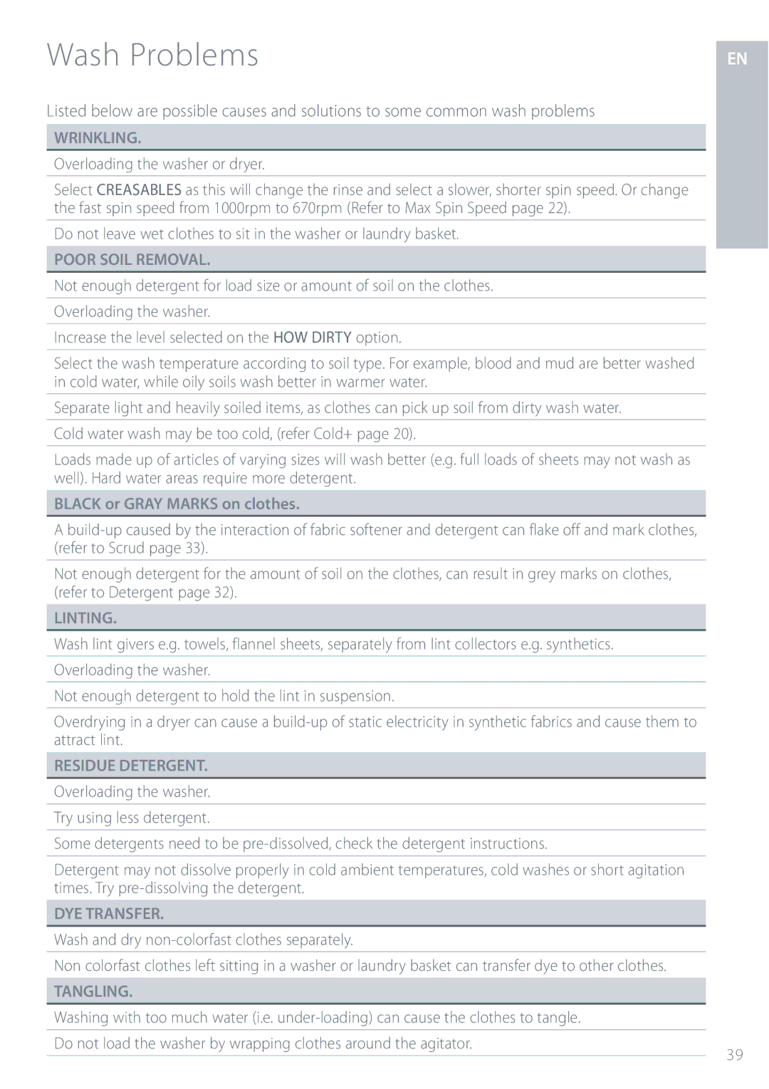 Fisher & Paykel IWL12 installation instructions Wash Problems, Black or Gray Marks on clothes 