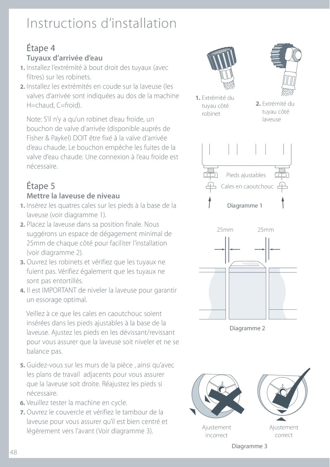 Fisher & Paykel IWL12 installation instructions Tuyaux d’arrivée d’eau, Mettre la laveuse de niveau 