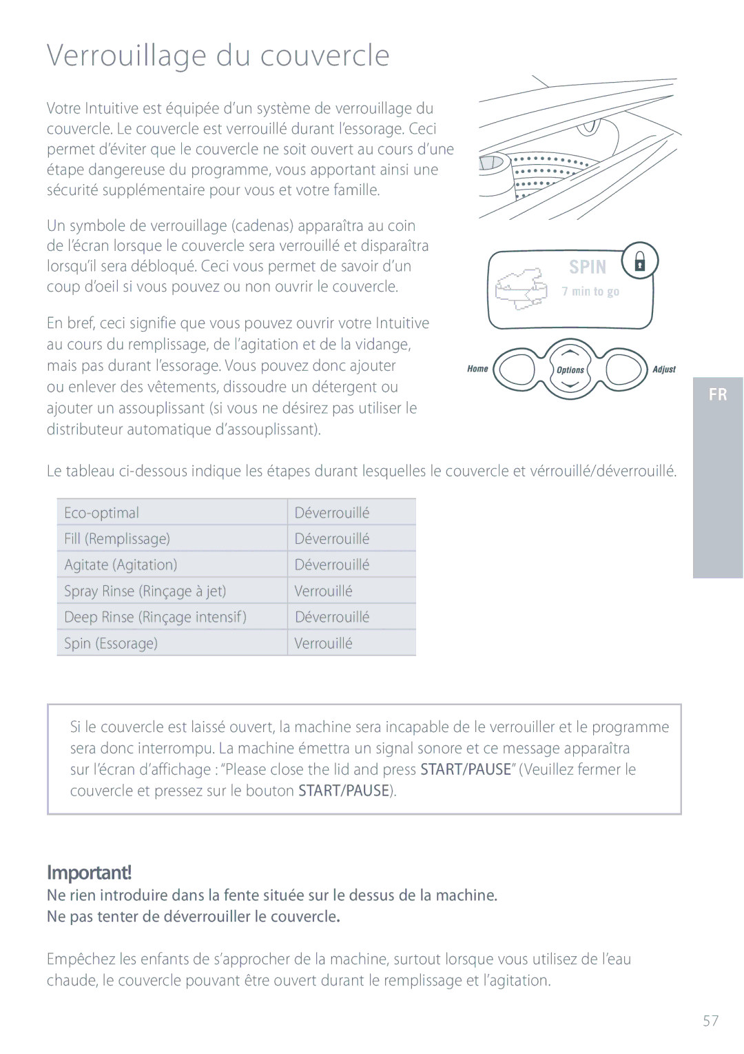 Fisher & Paykel IWL12 installation instructions Verrouillage du couvercle 