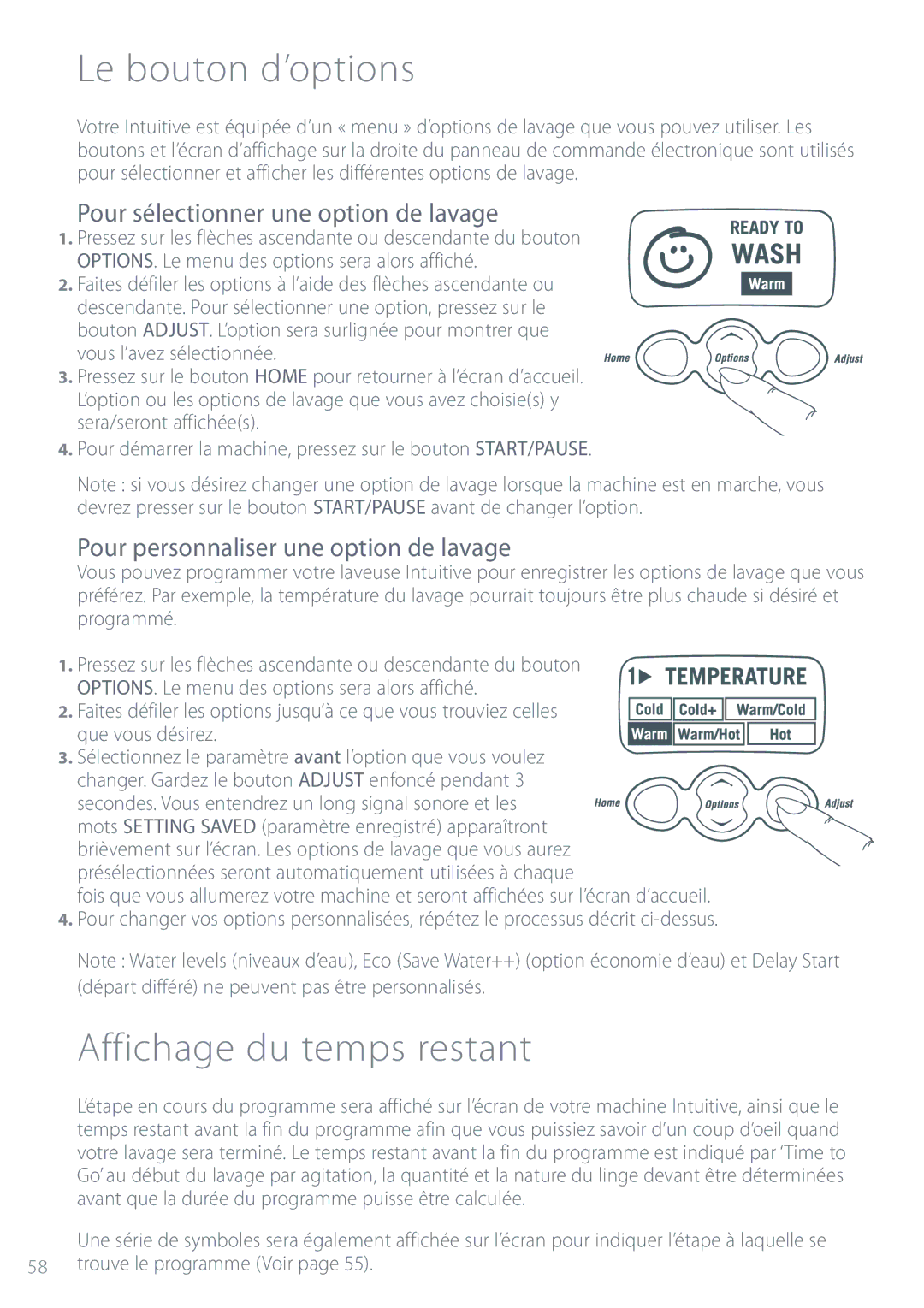 Fisher & Paykel IWL12 Le bouton d’options, Affichage du temps restant, Pour sélectionner une option de lavage 