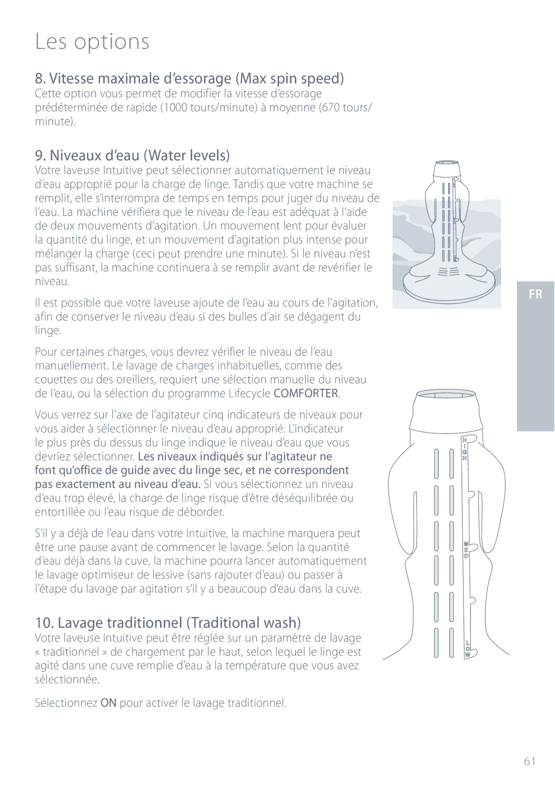 Fisher & Paykel IWL12 installation instructions Vitesse maximale d’essorage Max spin speed, Niveaux d’eau Water levels 