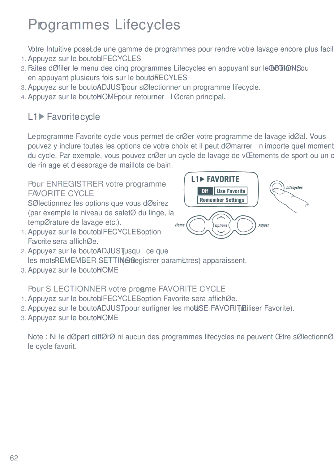 Fisher & Paykel IWL12 installation instructions Programmes Lifecycles, Pour Enregistrer votre programme, Favorite Cycle 