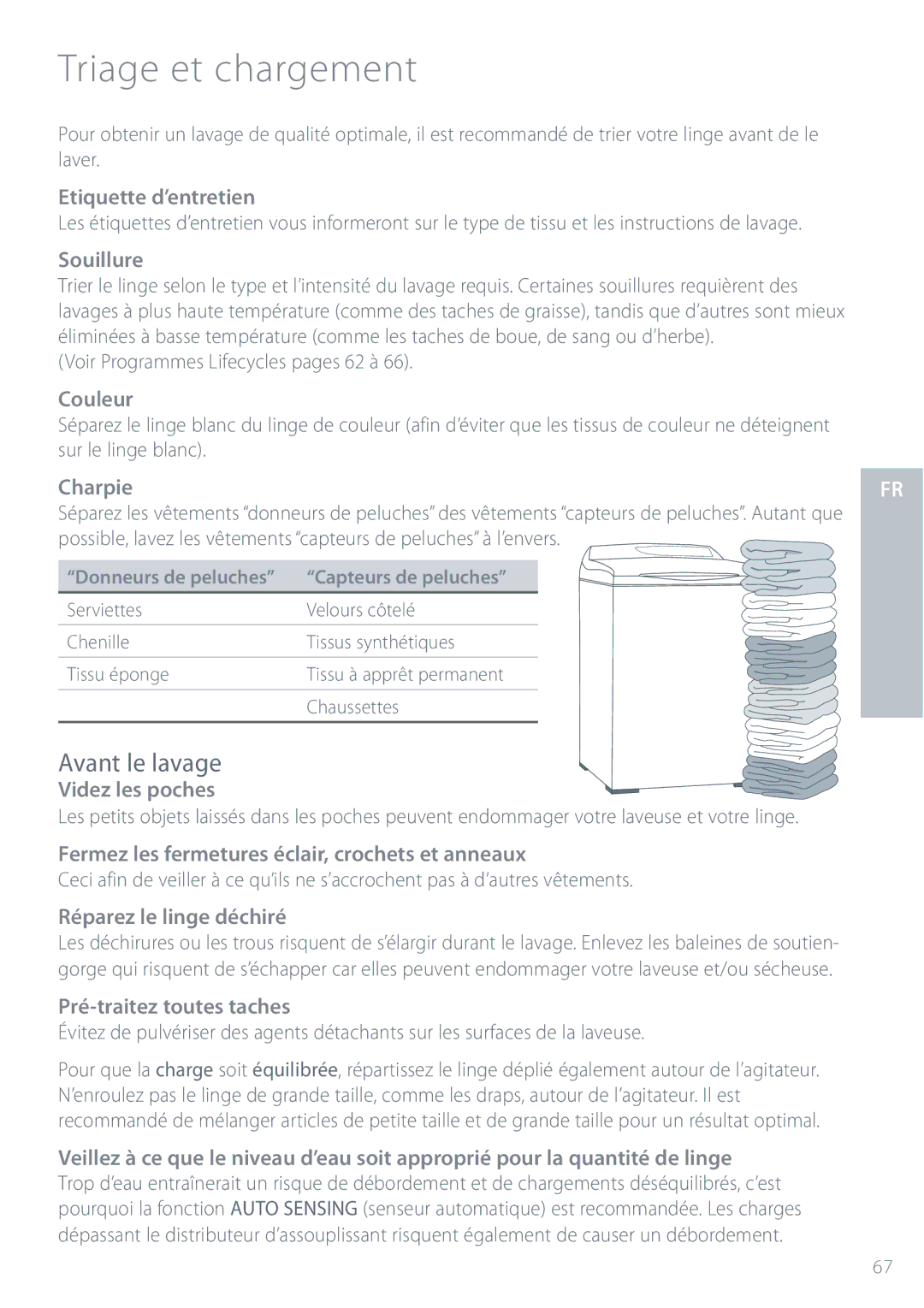 Fisher & Paykel IWL12 installation instructions Triage et chargement, Avant le lavage 