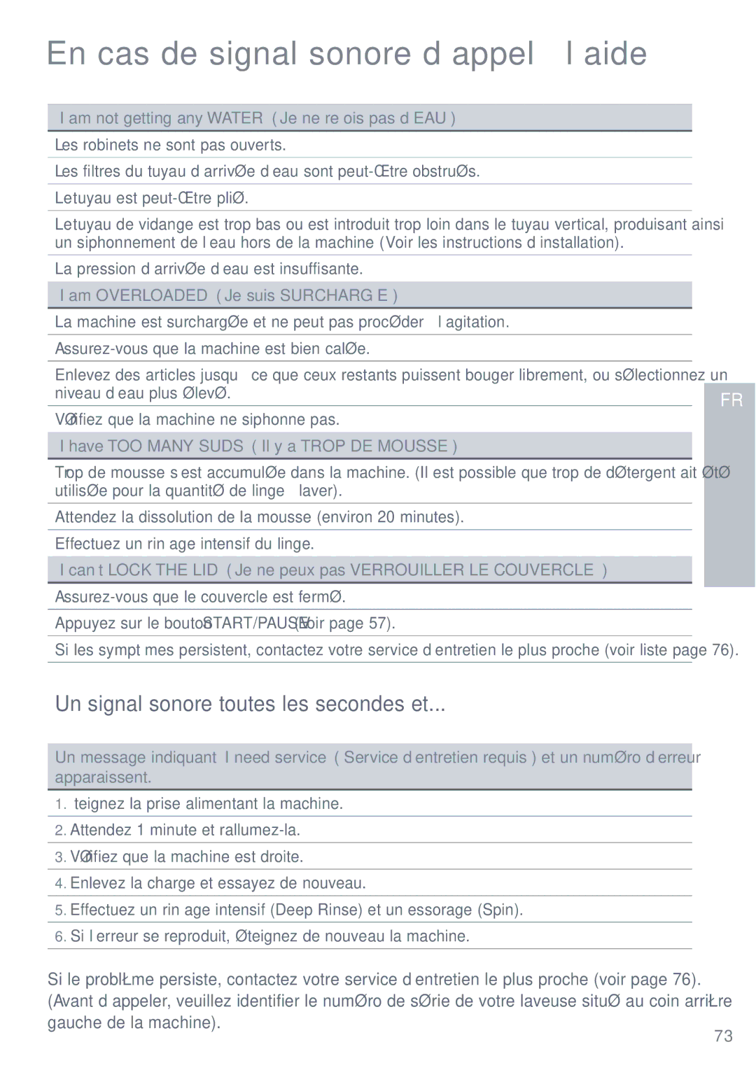 Fisher & Paykel IWL12 Un signal sonore toutes les secondes et, Am not getting any Water Je ne reçois pas d’EAU 