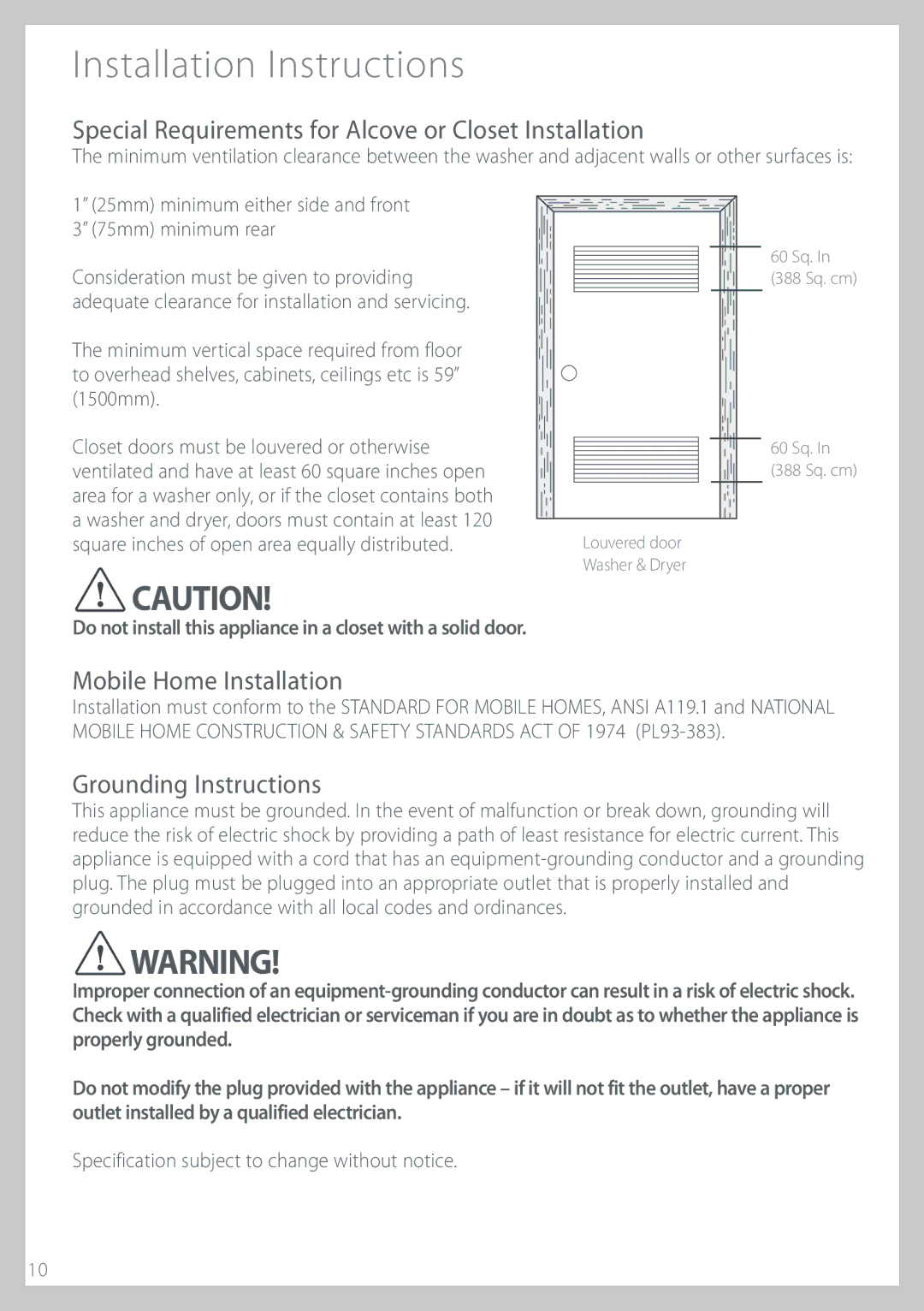 Fisher & Paykel IWL16 manual PcjmfPnf*Otubmmbujpo, Spvoejoh*Otusvdujpot, 4QFDJGJDBUJPOTVCKFDUUPDIBOHFXJUIPVUOPUJDF 