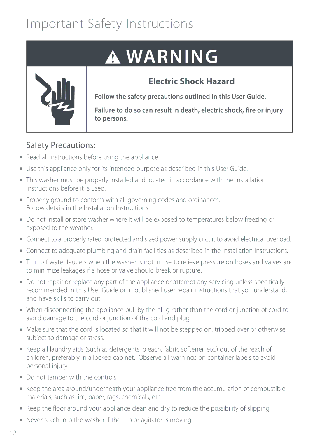 Fisher & Paykel IWL16 manual NQPSUBOU4BGFUZ*OTUSVDUJPOT, 4BGFUZ1SFDBVUJPOT 