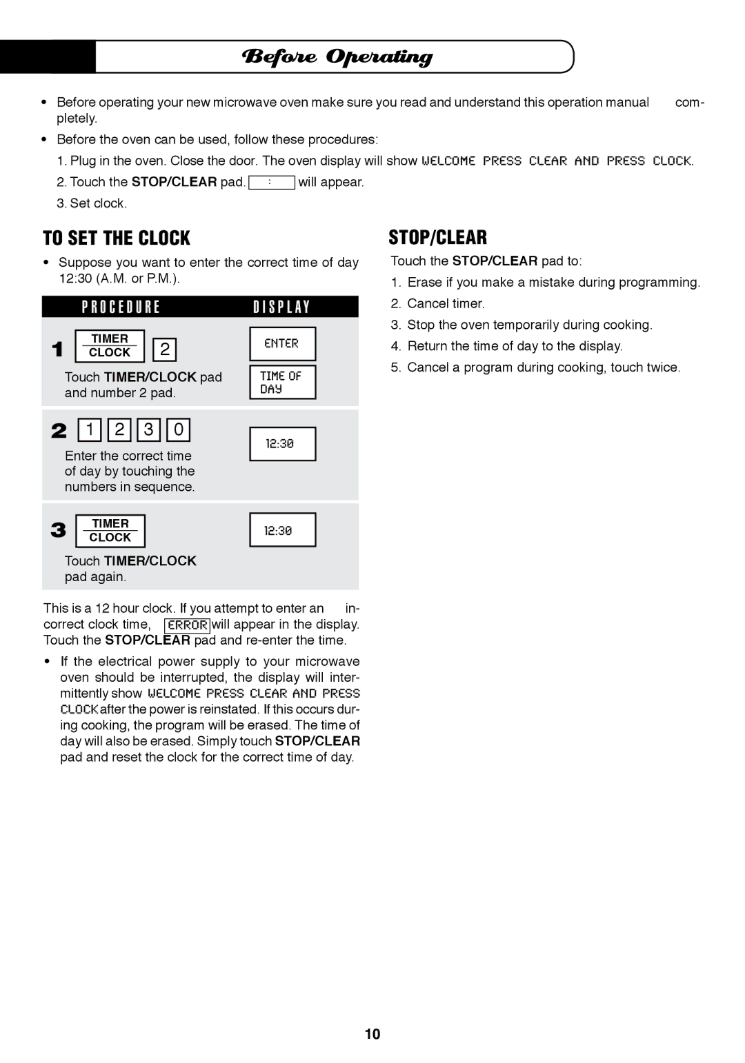 Fisher & Paykel MO-24SS installation instructions Before Operating, To SET the Clock, Stop/Clear, Touch TIMER/CLOCK 