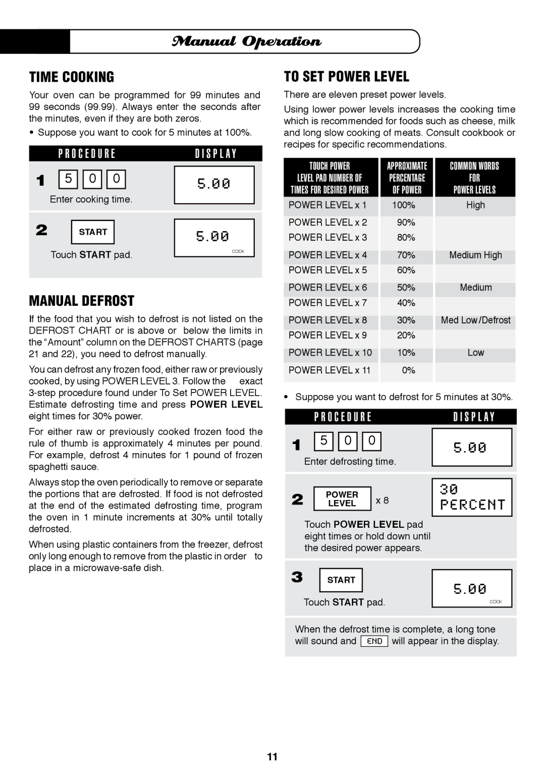 Fisher & Paykel MO-24SS Manual Operation, Time Cooking, To SET Power Level, Manual Defrost, O C E D U R E 