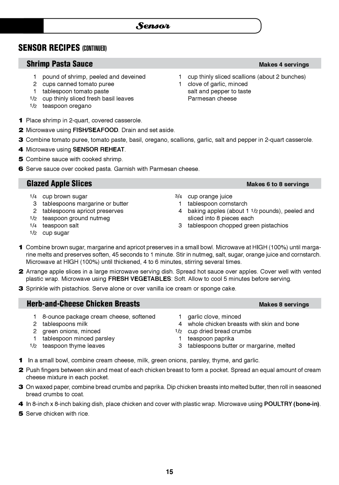 Fisher & Paykel MO-24SS installation instructions Sensor Recipes, Makes 4 servings, Makes 8 servings 