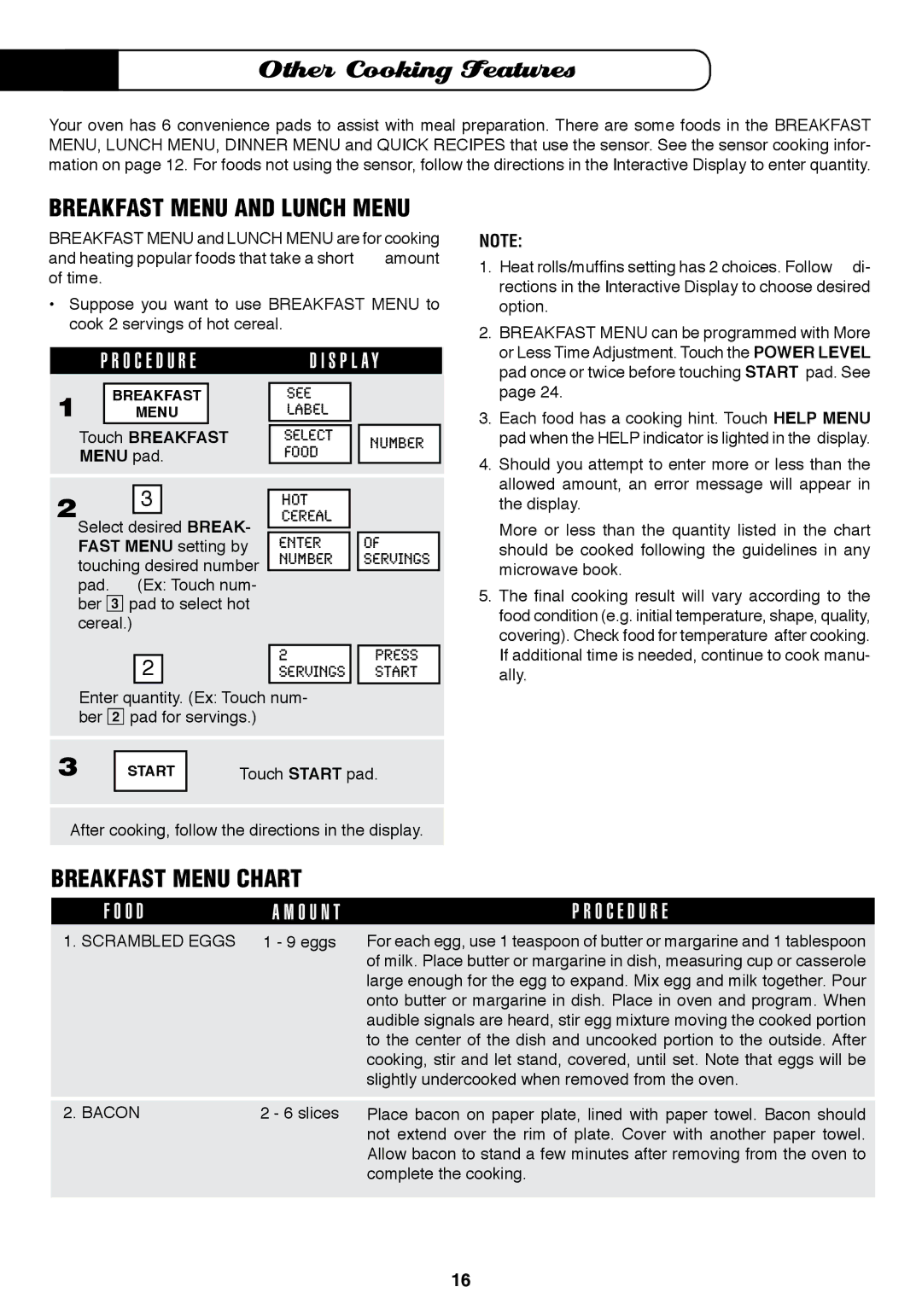 Fisher & Paykel MO-24SS Other Cooking Features, Breakfast Menu and Lunch Menu, Breakfast Menu Chart 