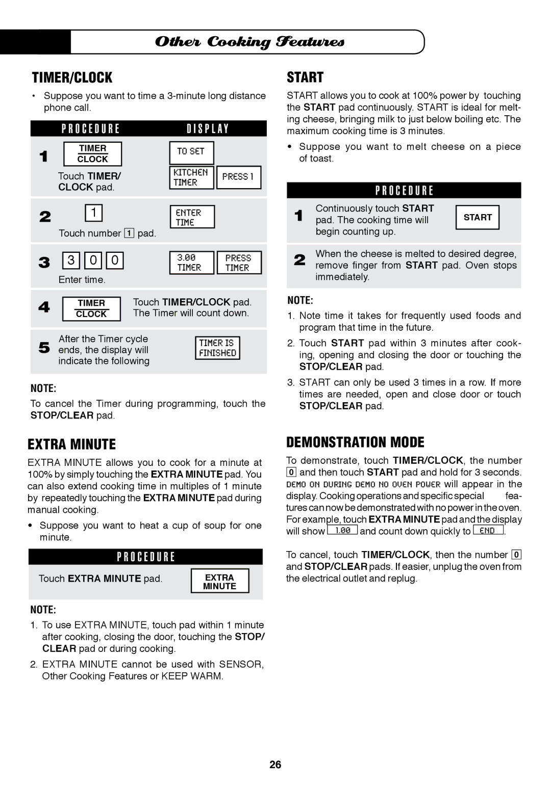 Fisher & Paykel MO-24SS installation instructions Timer/CLOCK, Start, Extra Minute, Demonstration Mode 