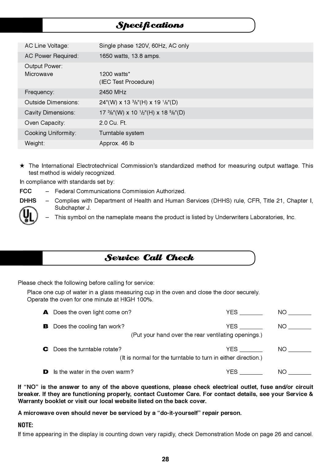 Fisher & Paykel MO-24SS installation instructions Specifications, Service Call Check 