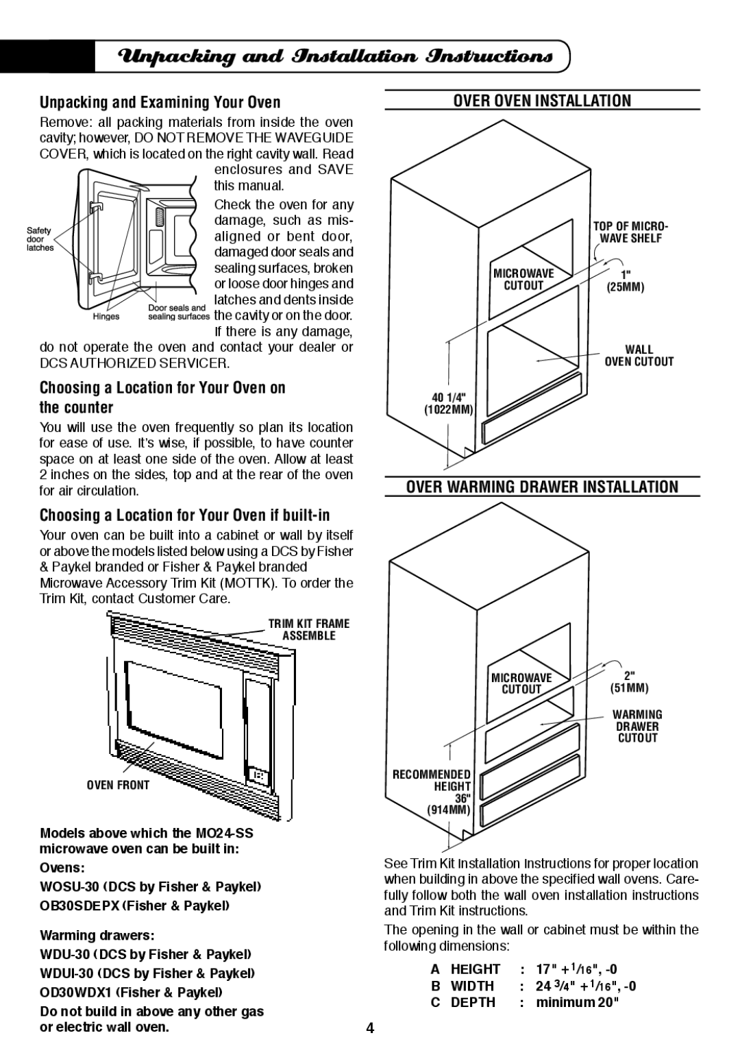 Fisher & Paykel MO-24SS Unpacking and Installation Instructions, Over Oven Installation, Over Warming Drawer Installation 