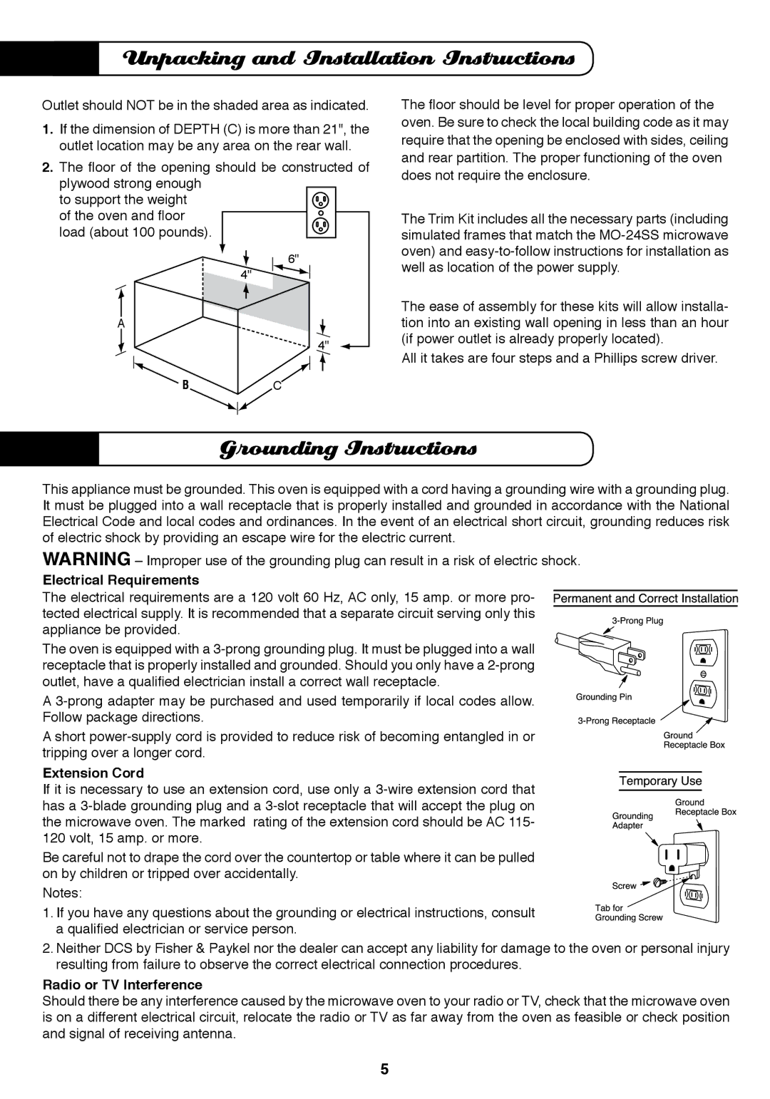 Fisher & Paykel MO-24SS Grounding Instructions, Electrical Requirements, Extension Cord, Radio or TV Interference 