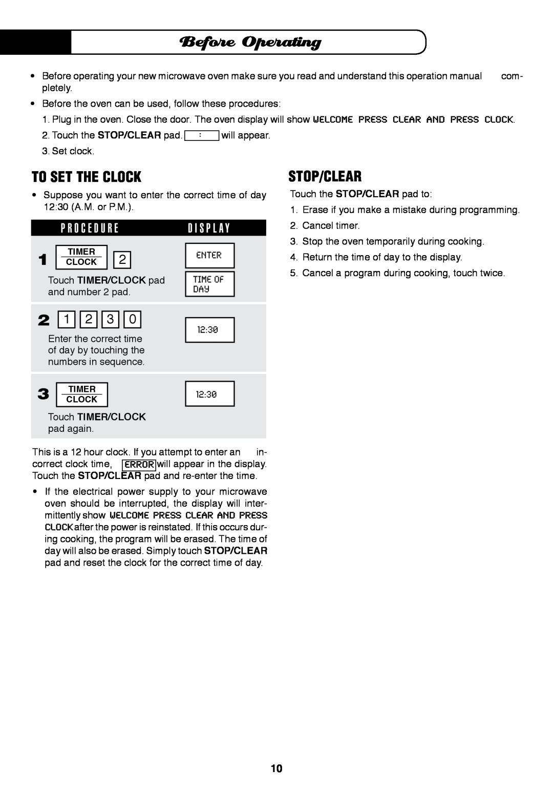 Fisher & Paykel MO-24SS installation instructions Before Operating, To Set The Clock, Stop/Clear 