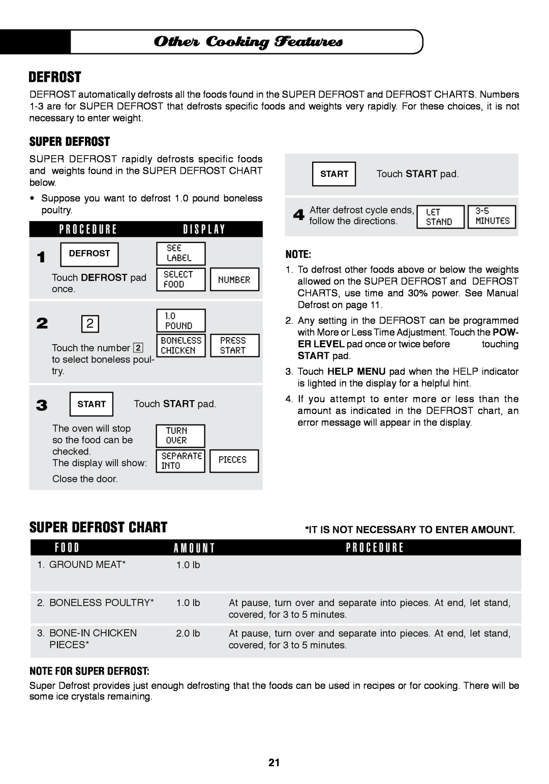 Fisher & Paykel MO-24SS Super Defrost Chart, Note For Super Defrost, Other Cooking Features, D I S P L A Y 