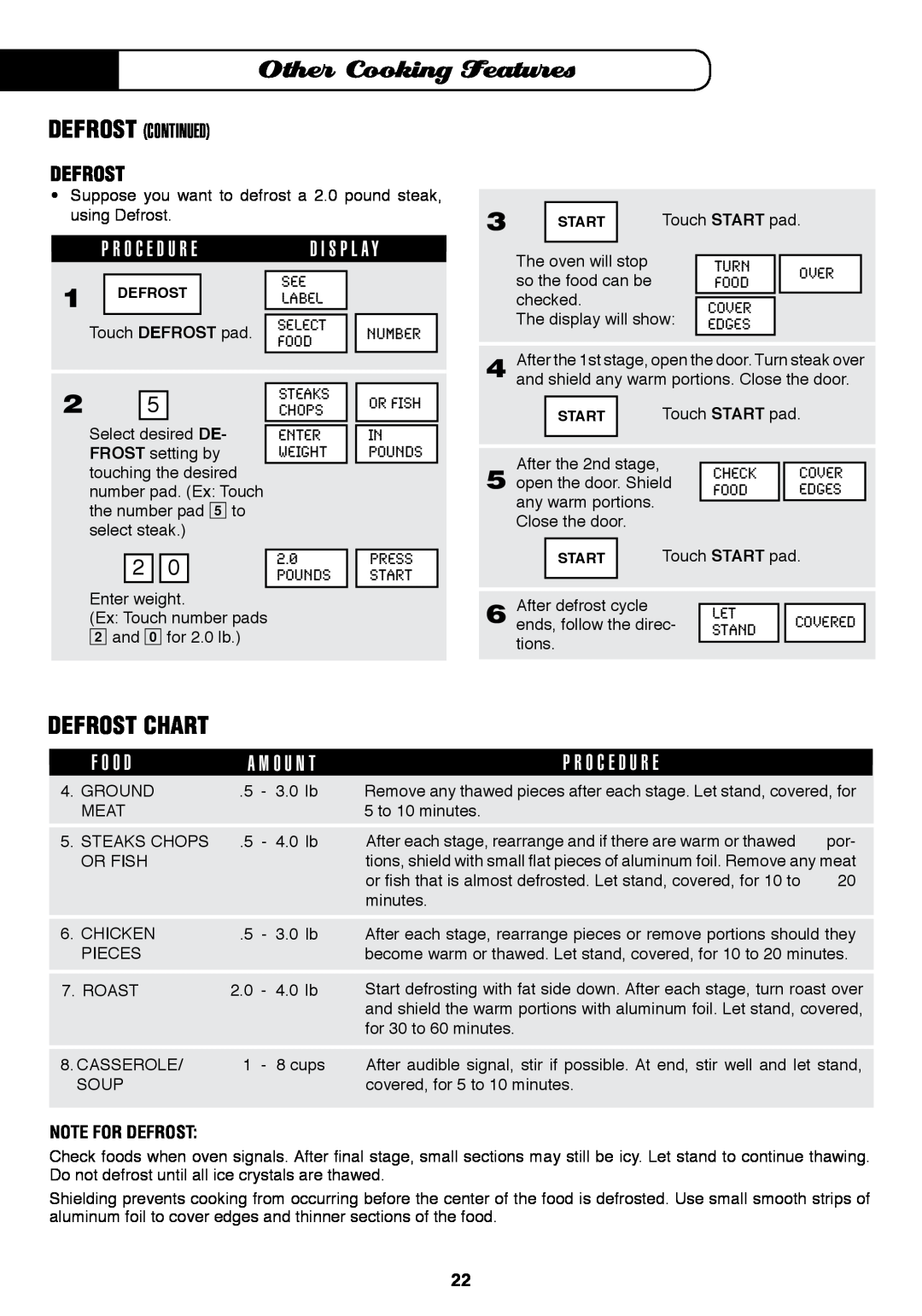 Fisher & Paykel MO-24SS Defrost Chart, Note For Defrost, Other Cooking Features, D I S P L A Y, F O O D, P R O C E D U R E 