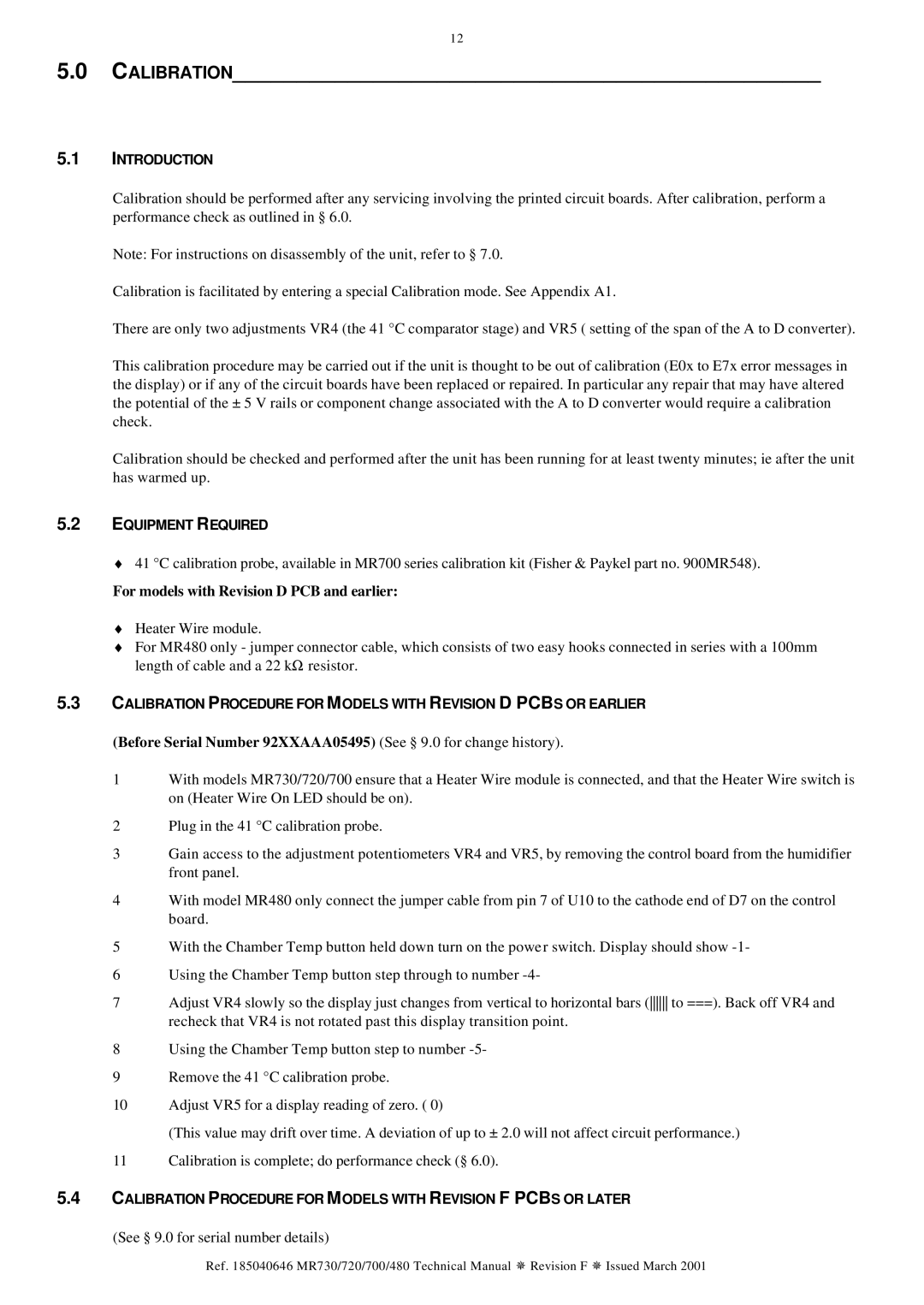 Fisher & Paykel MR480, MR720, MR730, MR700 technical manual Calibration, For models with Revision D PCB and earlier 