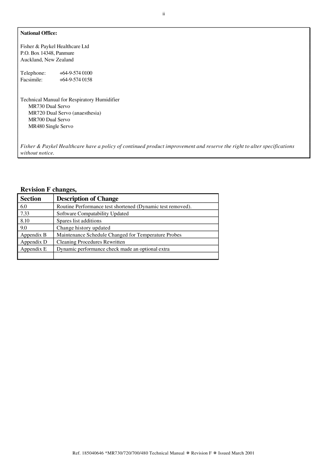 Fisher & Paykel MR480, MR720, MR730, MR700 technical manual Revision F changes Section Description of Change, National Office 