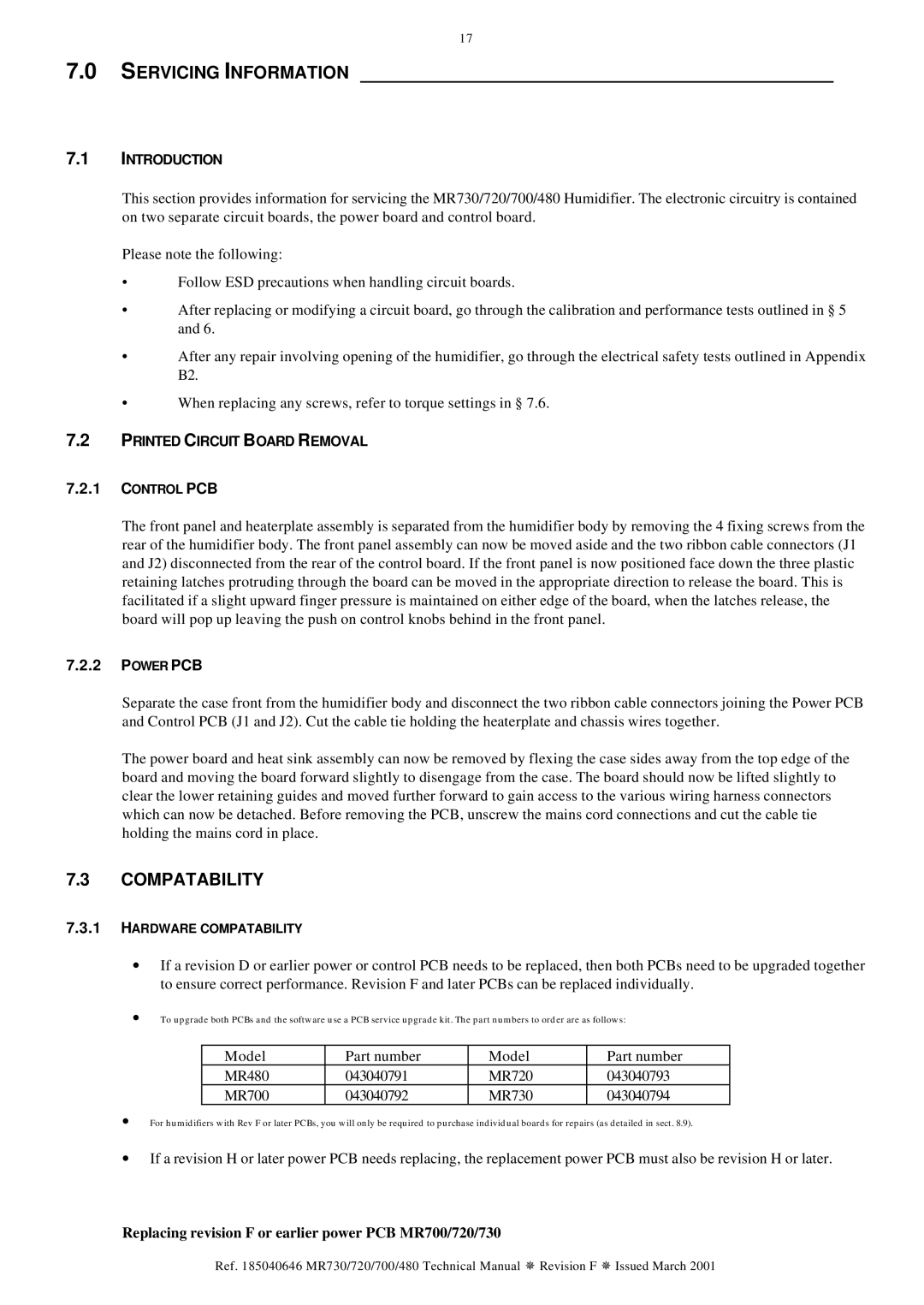 Fisher & Paykel MR720, MR730, MR480 Servicing Information, Replacing revision F or earlier power PCB MR700/720/730 