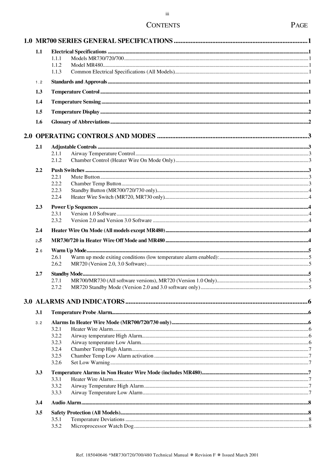 Fisher & Paykel MR700, MR720, MR730, MR480 technical manual Contents 