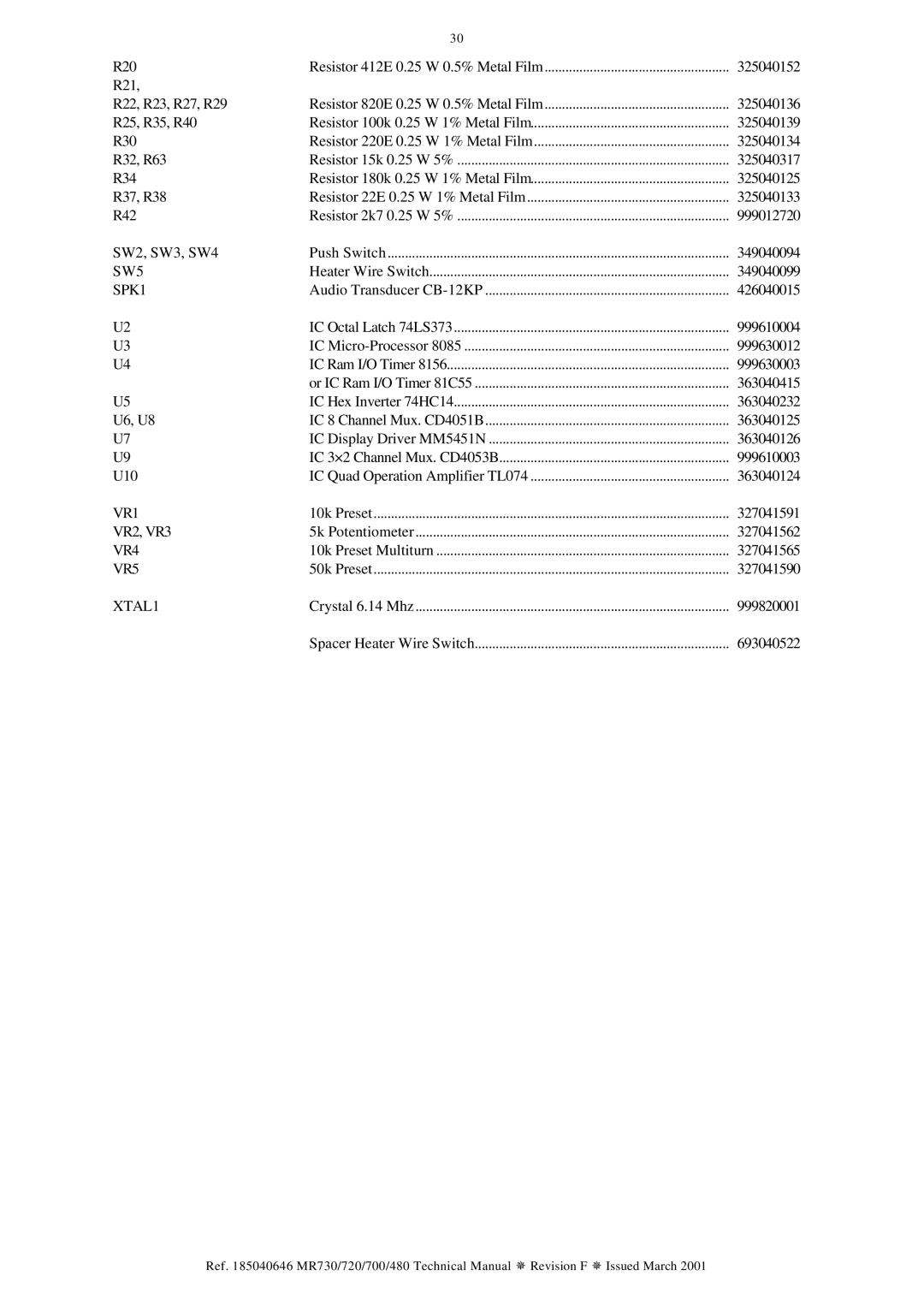 Fisher & Paykel MR720, MR730, MR480, MR700 technical manual SW5, SPK1, VR1, VR4, VR5, XTAL1 