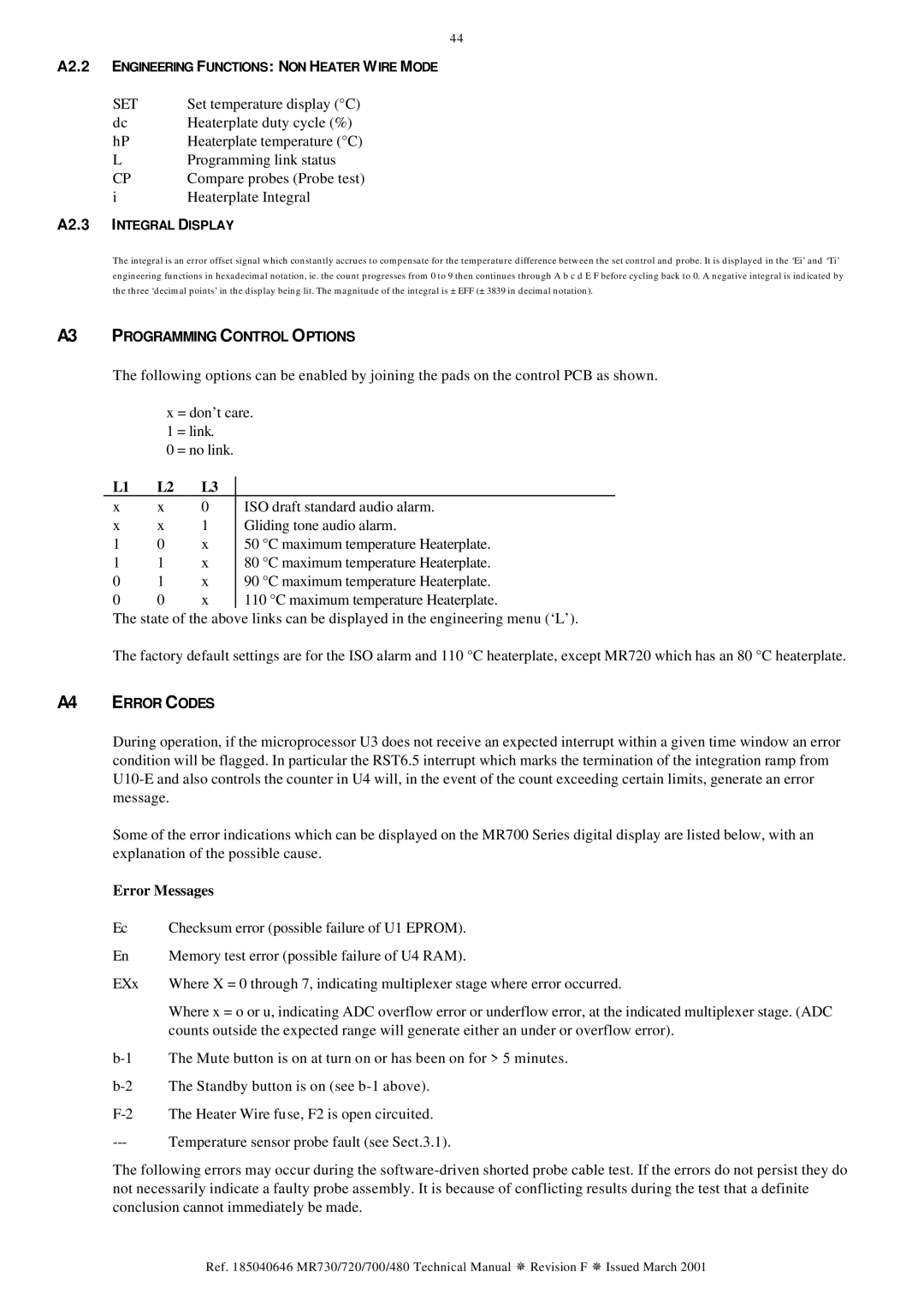 Fisher & Paykel MR480, MR720, MR730, MR700 technical manual Error Messages, A2.3 Integral Display 