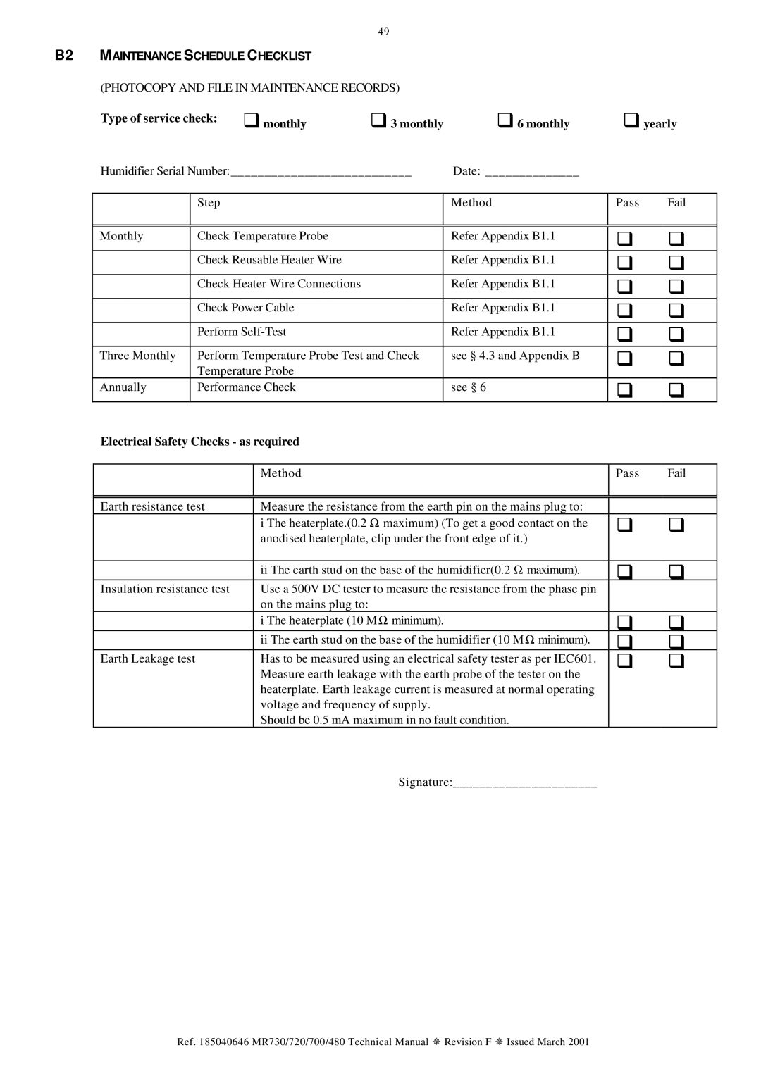 Fisher & Paykel MR700, MR720, MR730, MR480 Photocopy and File in Maintenance Records, Electrical Safety Checks as required 