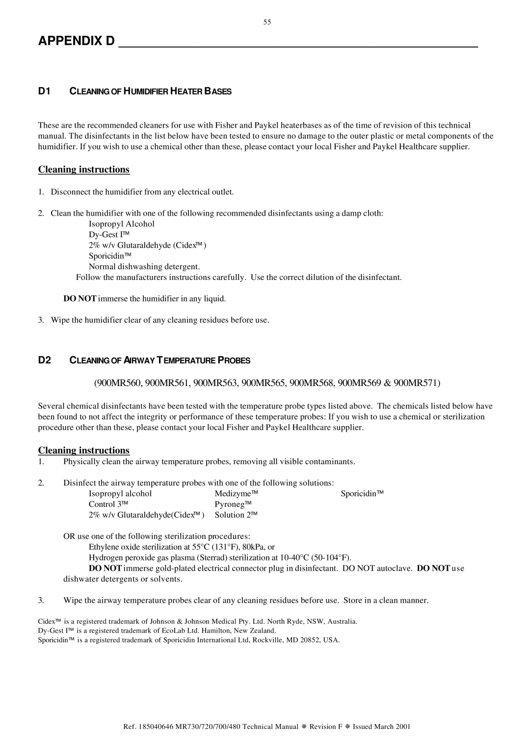 Fisher & Paykel MR730, MR720, MR480, MR700 technical manual Appendix D, Cleaning instructions 