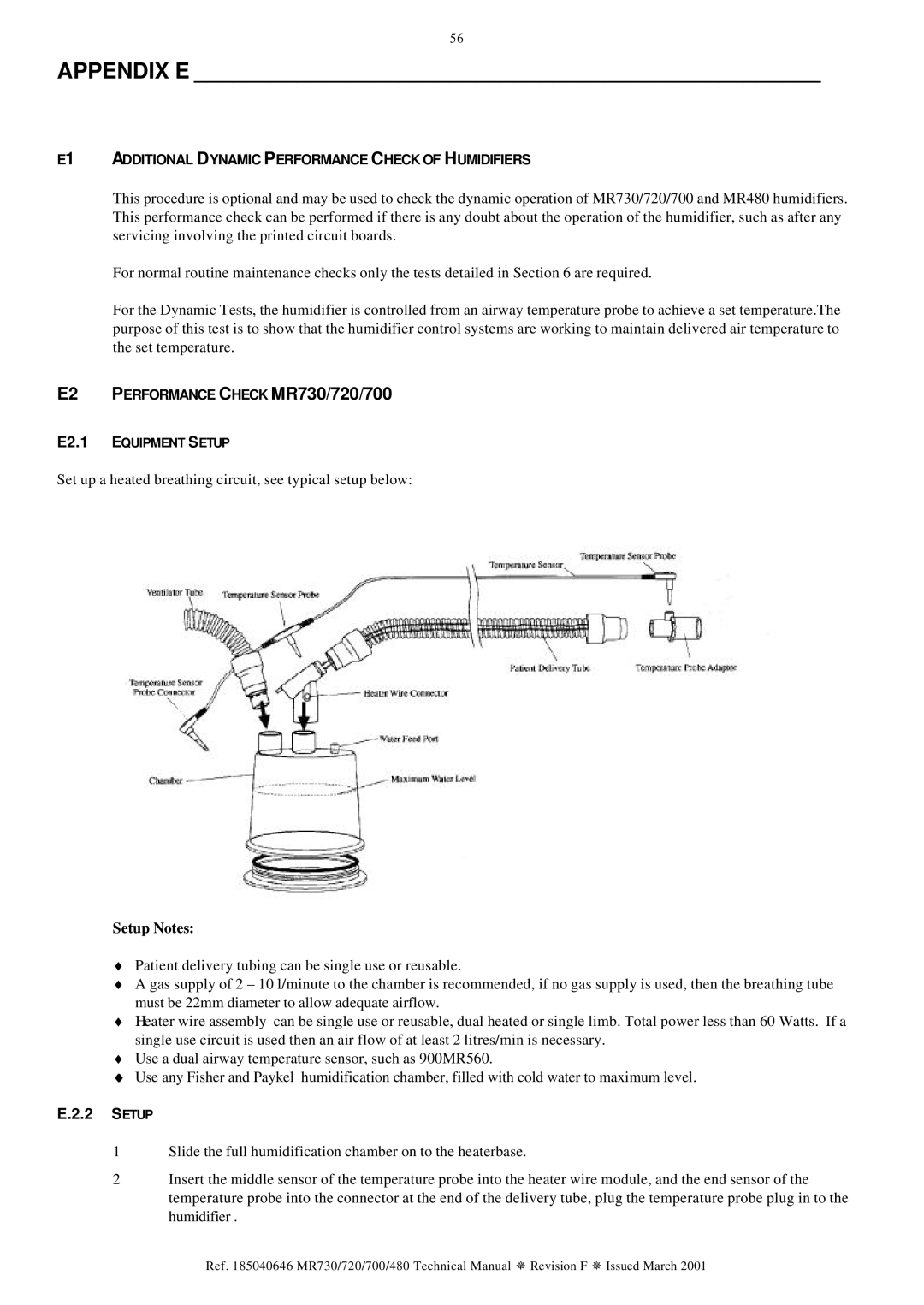 Fisher & Paykel MR480, MR720, MR730, MR700 technical manual Appendix E, Setup Notes 