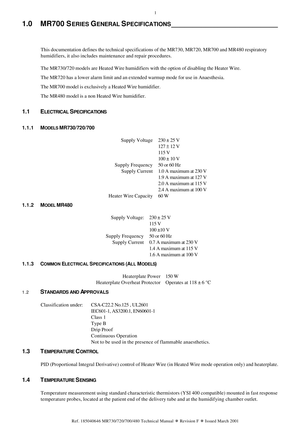 Fisher & Paykel MR720, MR480 technical manual MR700 Series General Specifications, Models MR730/720/700 