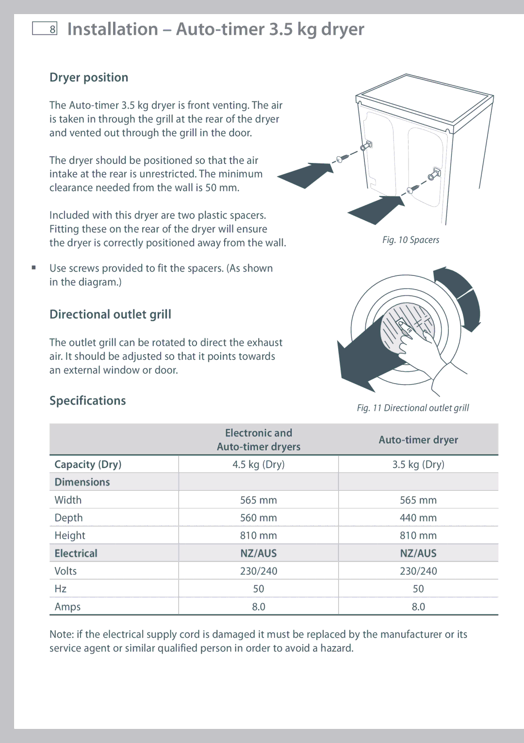 Fisher & Paykel NZ AU Installation Auto-timer 3.5 kg dryer, Dryer position, Directional outlet grill, Specifications 