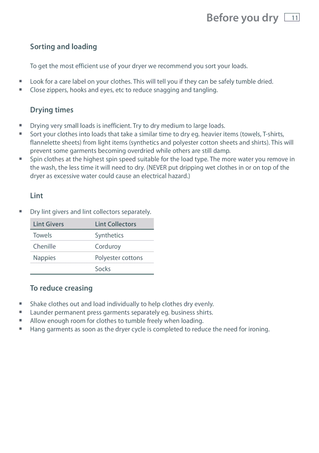 Fisher & Paykel NZ AU Before you dry, Sorting and loading, Drying times, To reduce creasing, Lint Givers Lint Collectors 