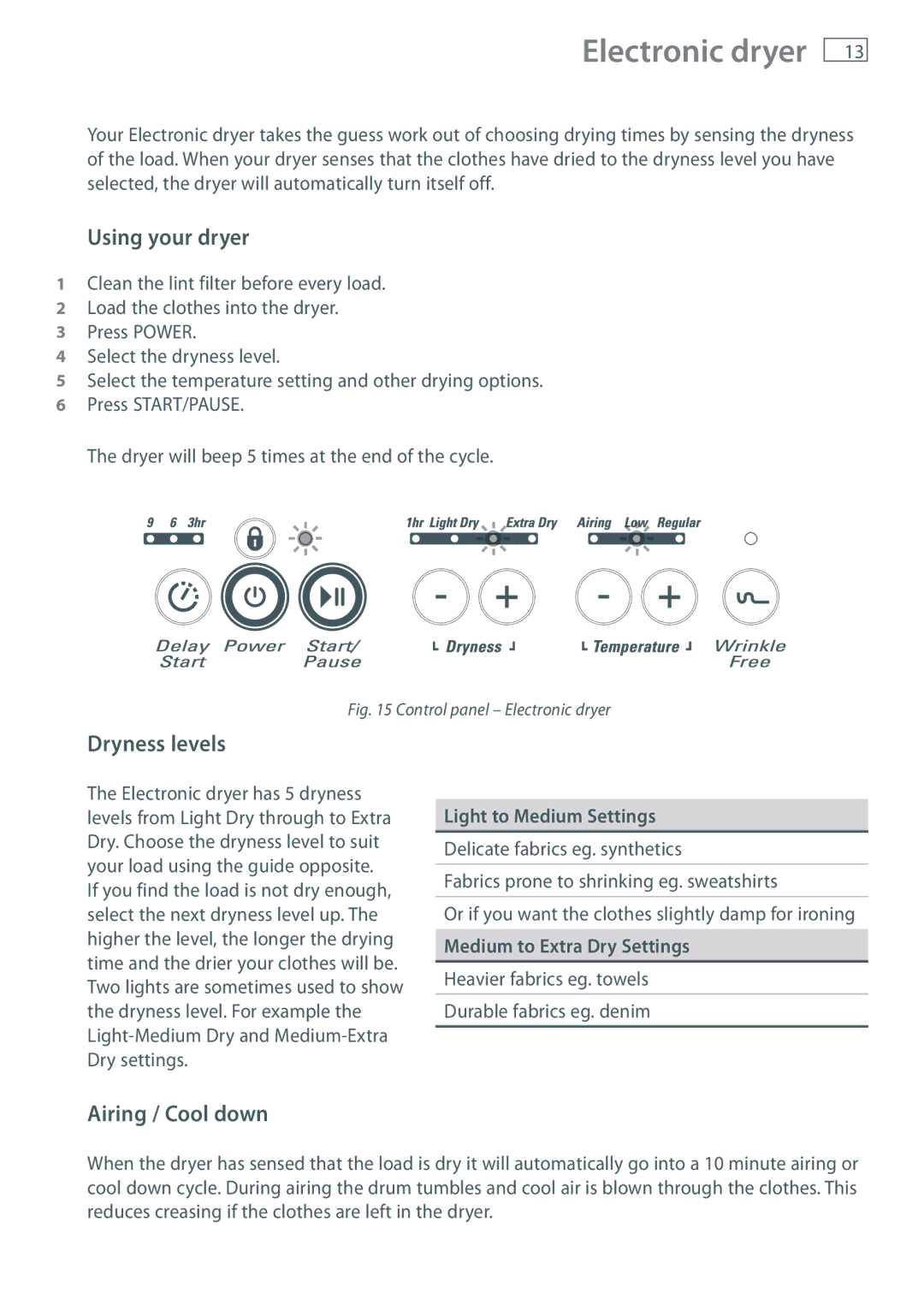 Fisher & Paykel NZ AU installation instructions Electronic dryer, Using your dryer, Dryness levels, Airing / Cool down 