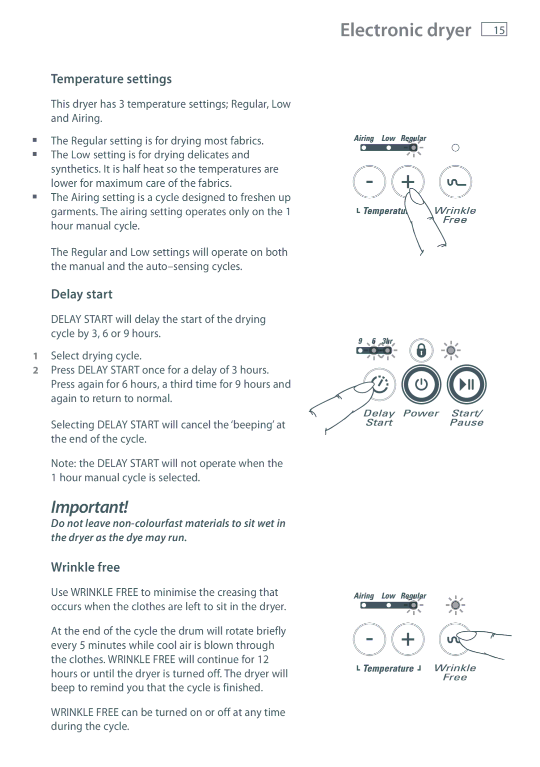 Fisher & Paykel NZ AU installation instructions Temperature settings, Delay start, Wrinkle free 