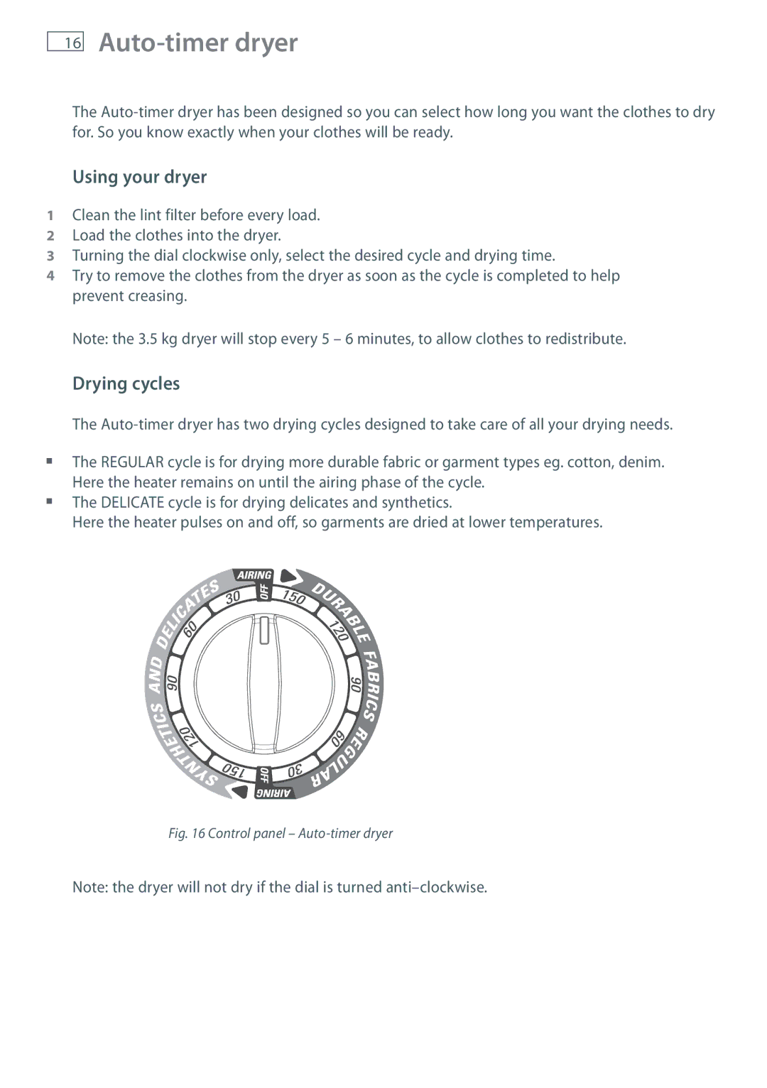 Fisher & Paykel NZ AU installation instructions Auto-timer dryer, Drying cycles 