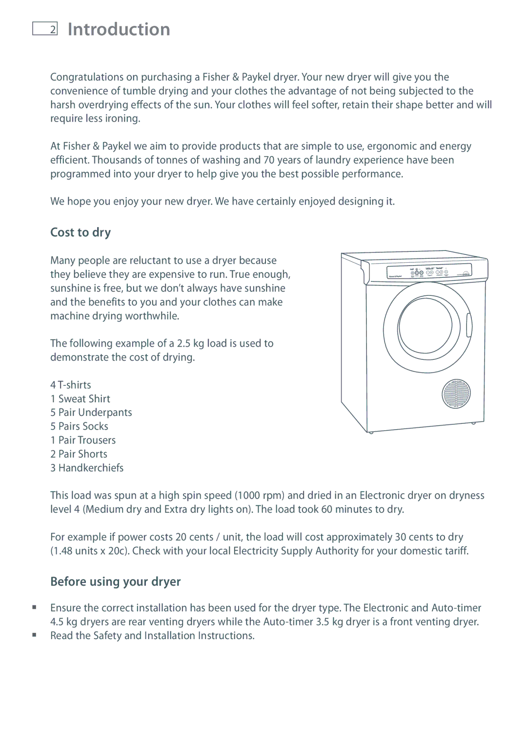 Fisher & Paykel NZ AU installation instructions Introduction, Cost to dry, Before using your dryer 