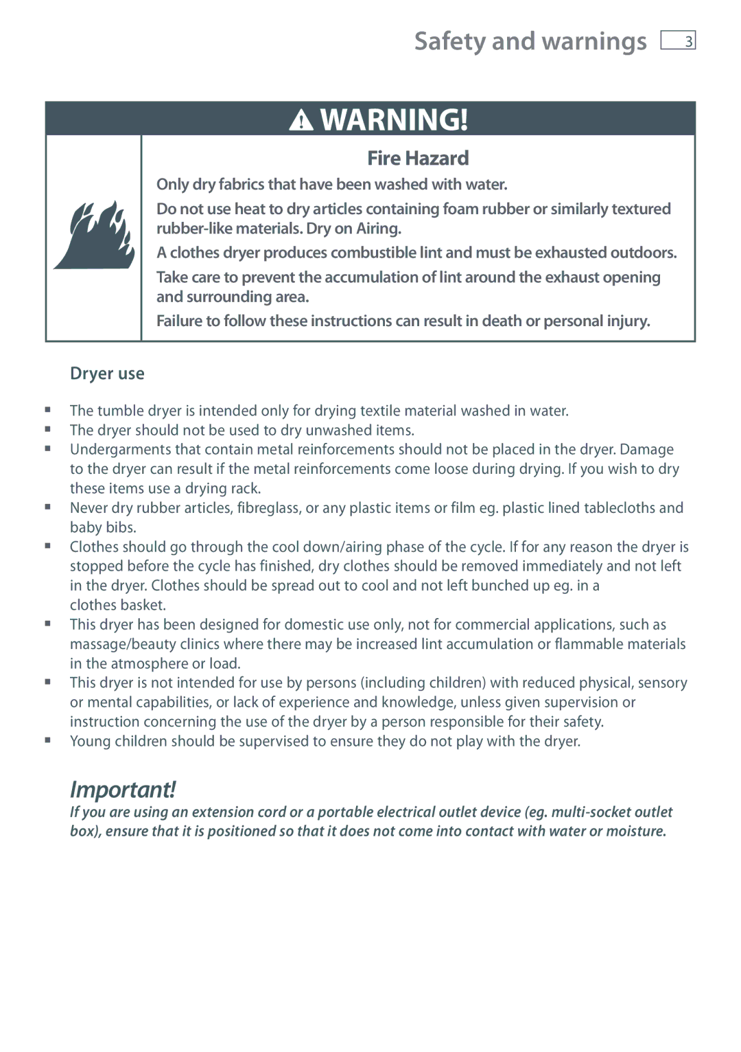 Fisher & Paykel NZ AU installation instructions Safety and warnings, Dryer use 