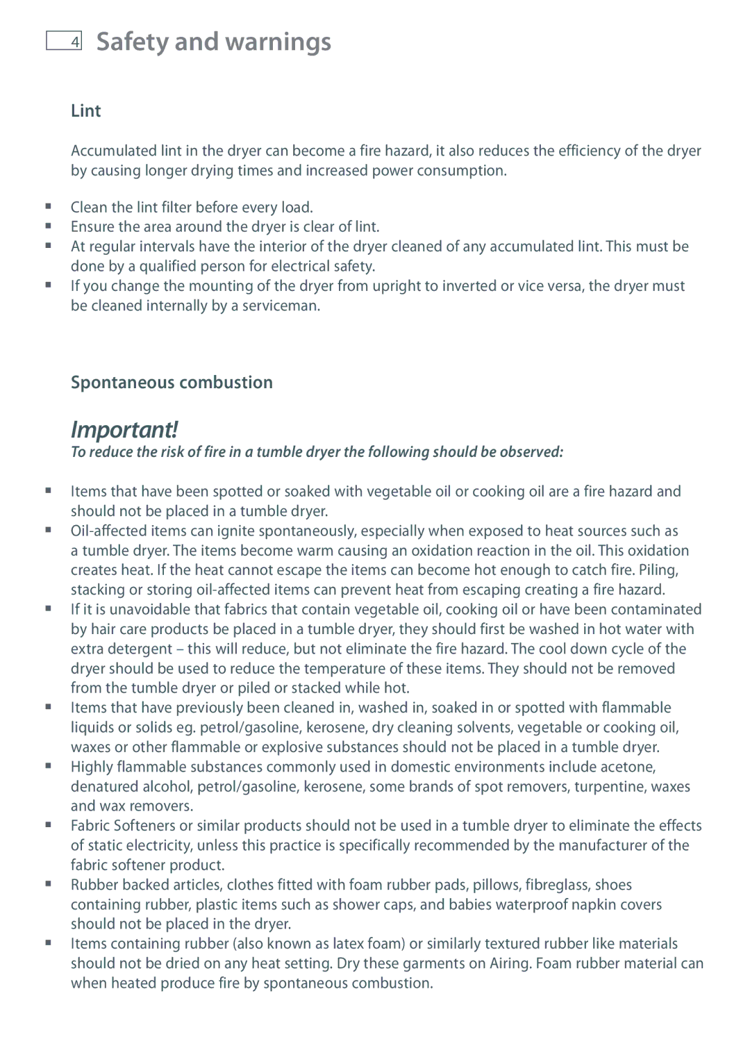 Fisher & Paykel NZ AU installation instructions Lint, Spontaneous combustion 