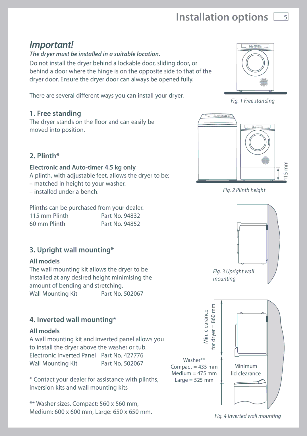 Fisher & Paykel NZ AU Installation options, Free standing, Plinth, Upright wall mounting, Inverted wall mounting 