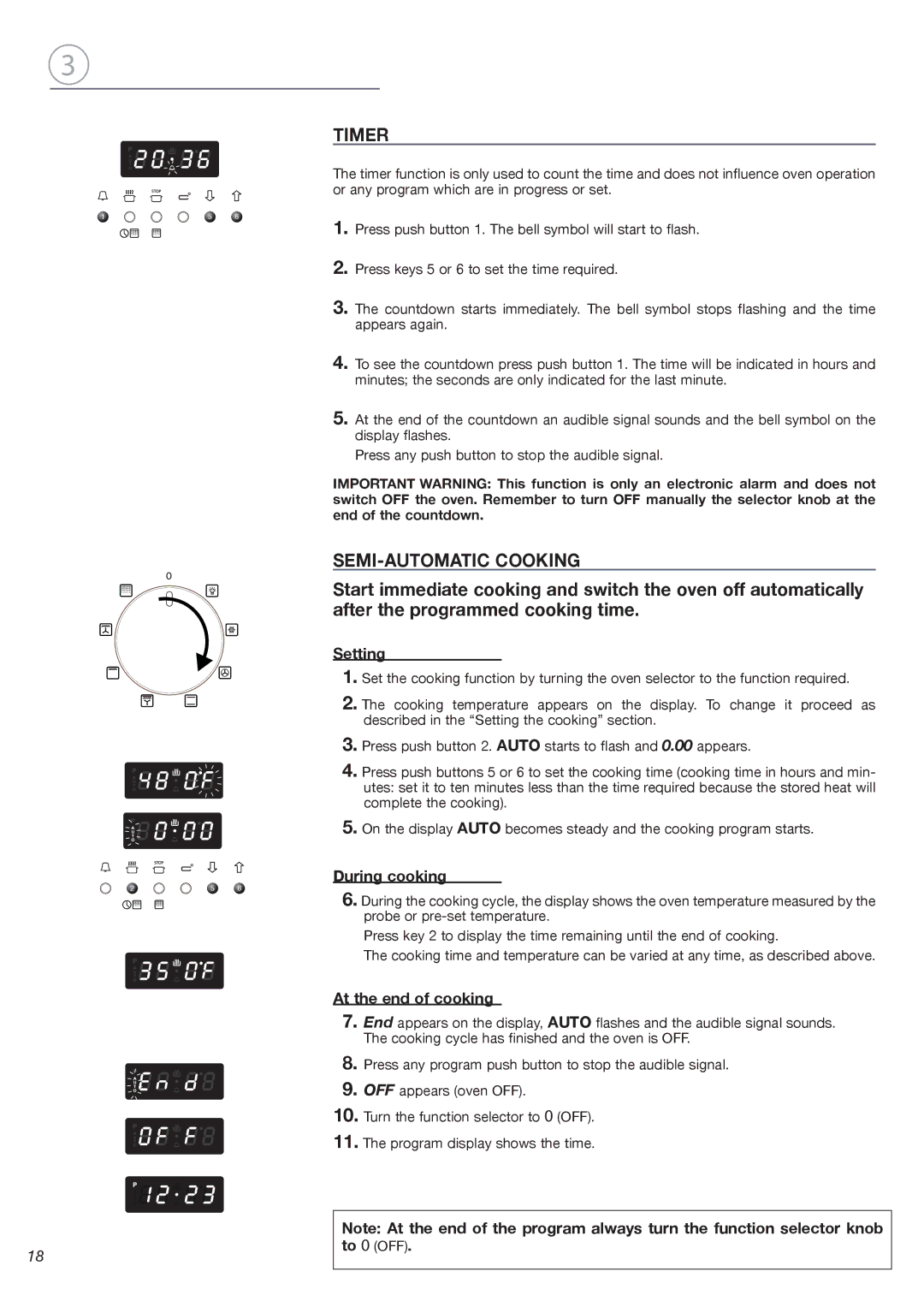 Fisher & Paykel OB24SDPX Timer, SEMI-AUTOMATIC Cooking, Setting, During cooking, At the end of cooking 