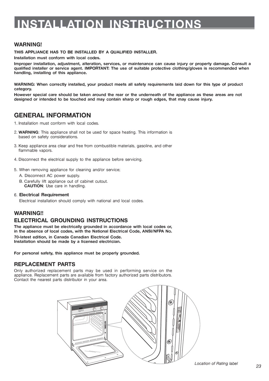 Fisher & Paykel OB24SDPX Electrical Grounding Instructions, Replacement Parts, Electrical Requirement 