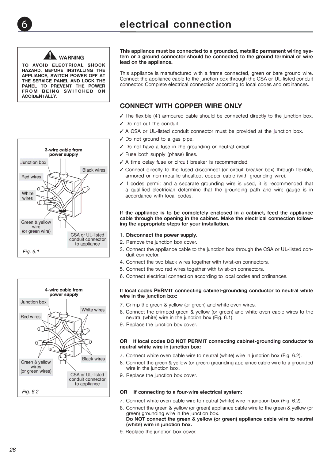 Fisher & Paykel OB24SDPX installation instructions Electrical connection, Connect with Copper Wire only 